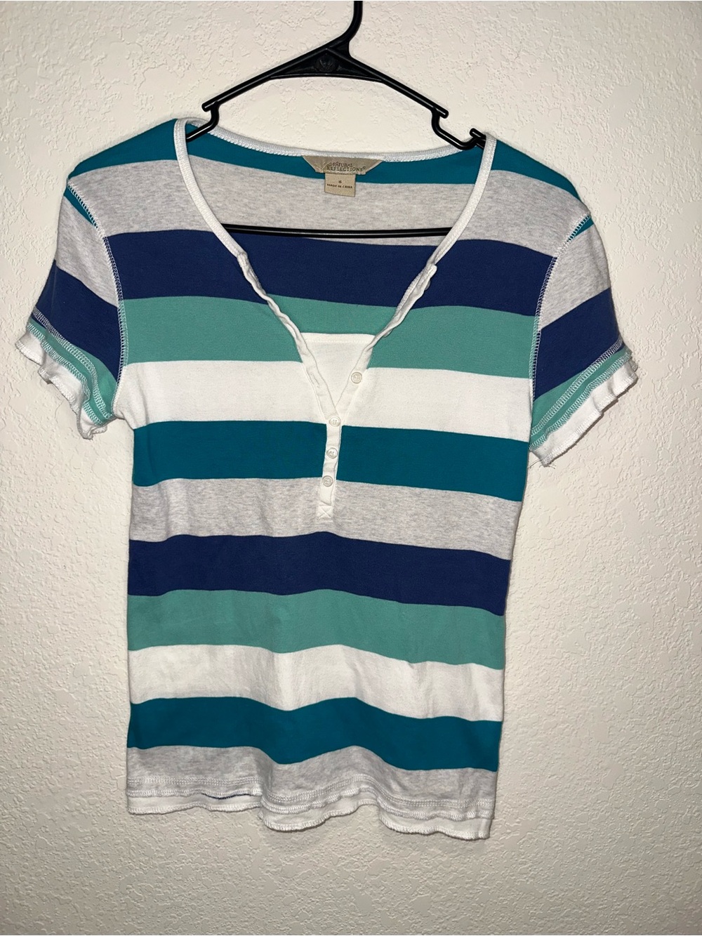 y2k Striped Short-Sleeve Layered Henley Top in Teal, Navy & White. size small